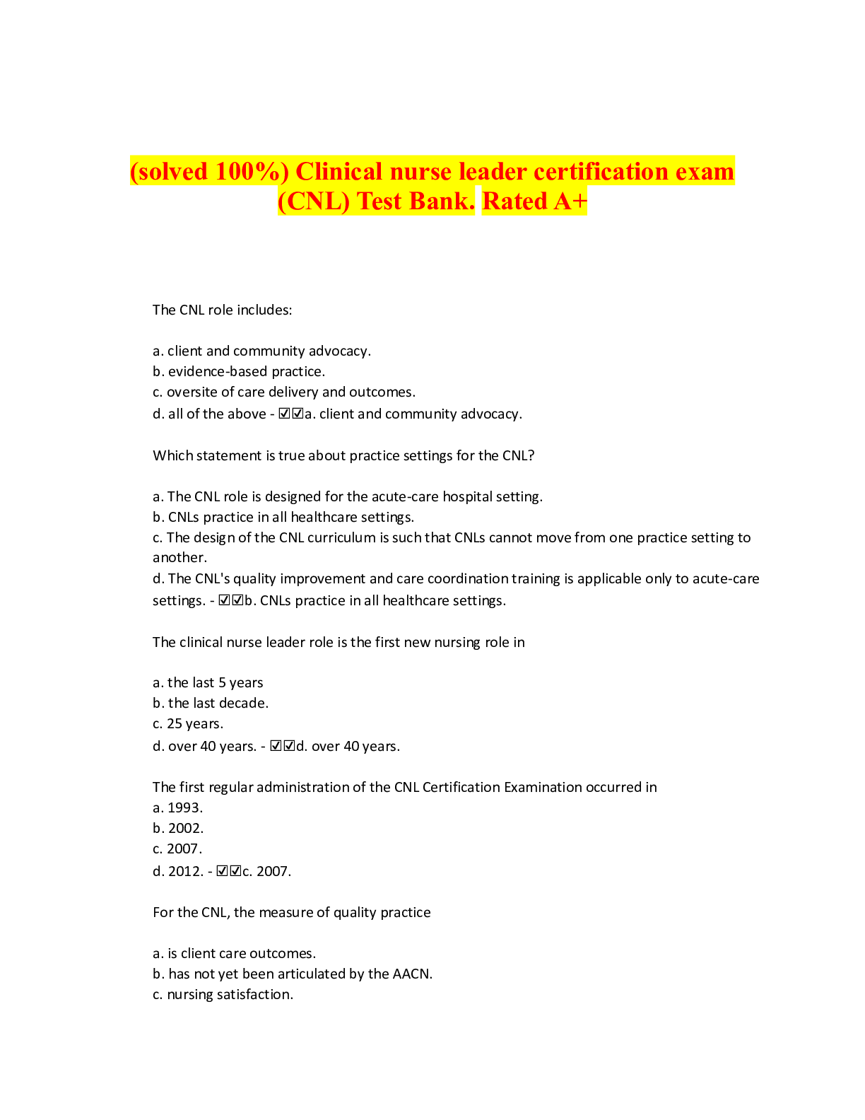 Preview of (solved 100%) Clinical nurse leader certification exam (CNL) Test Bank. Rated A+
